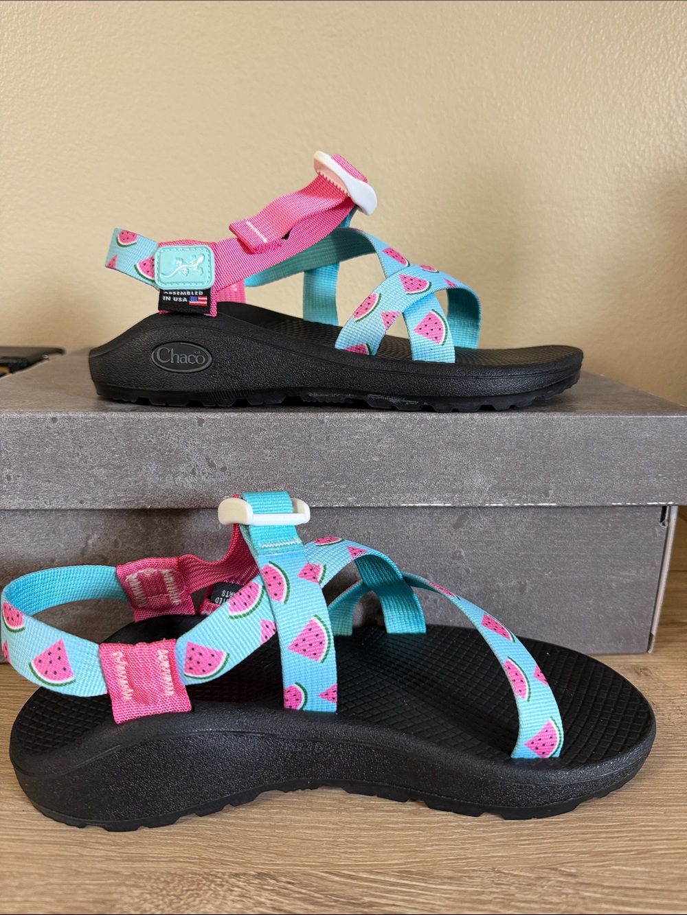 Chaco Kids' Watermelon Print Sandals in Pink & Teal